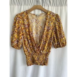 Cupcakes and Cashmere Smocked Floral Blouse Top Size XS Balloon Sleeve Yellow